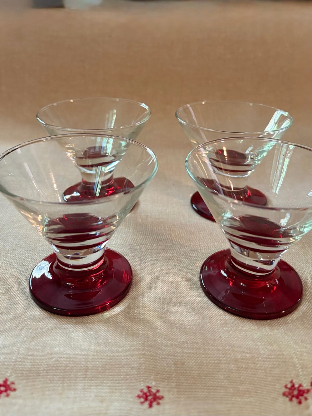 Clear Glass cordial/martini/sherry glasses with Red Bases - Set of 4